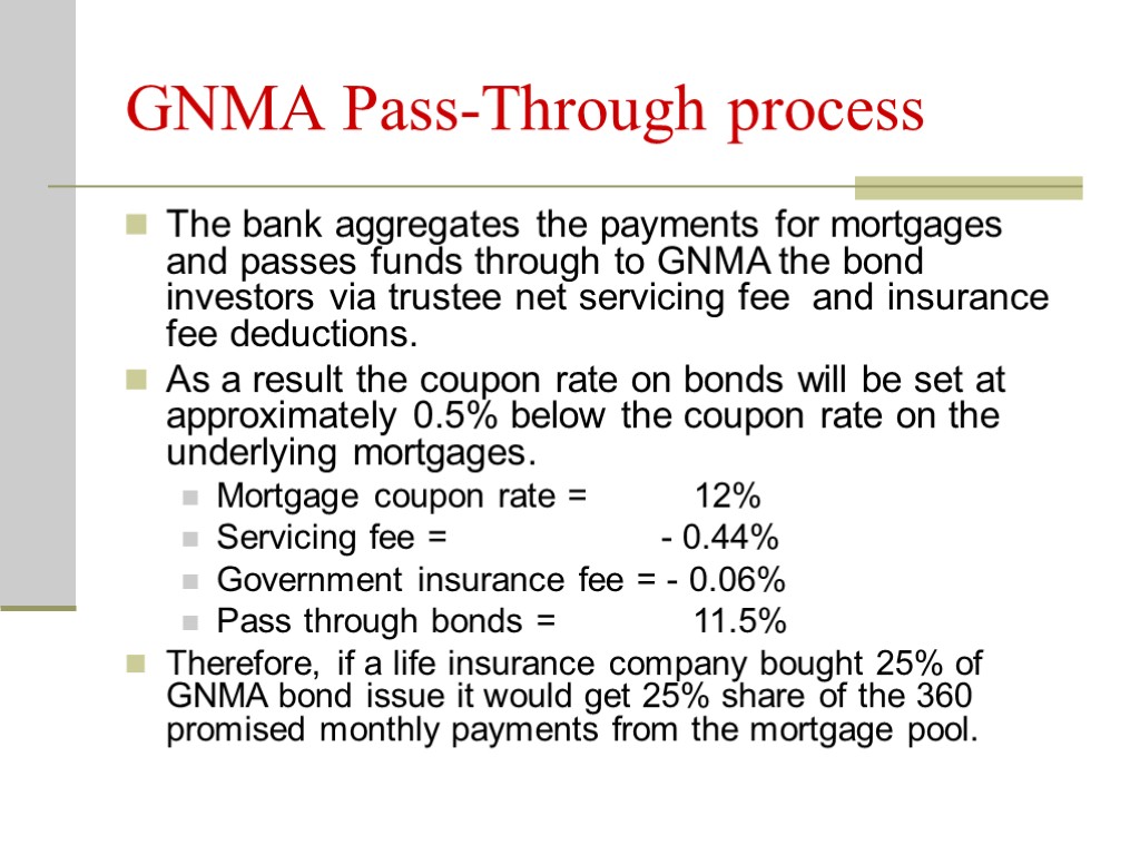 GNMA Pass-Through process The bank aggregates the payments for mortgages and passes funds through